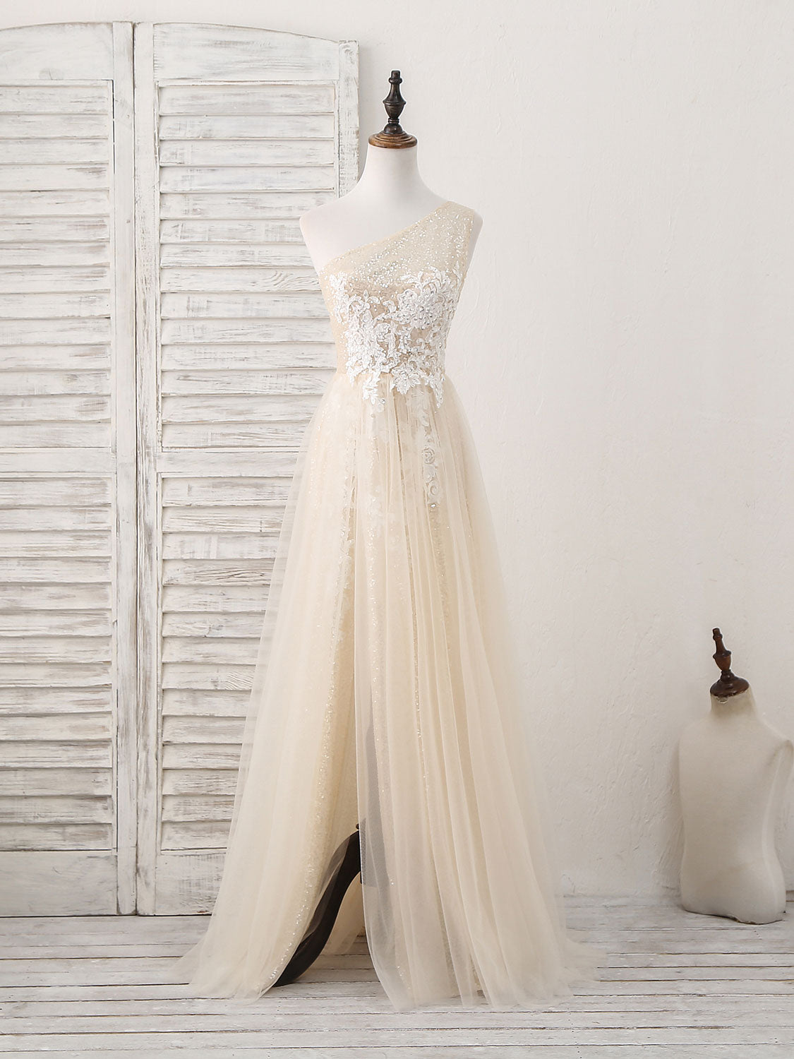 A-Line Champagne Tulle Sequin Long Prom Dress, Champagne Evening Dress