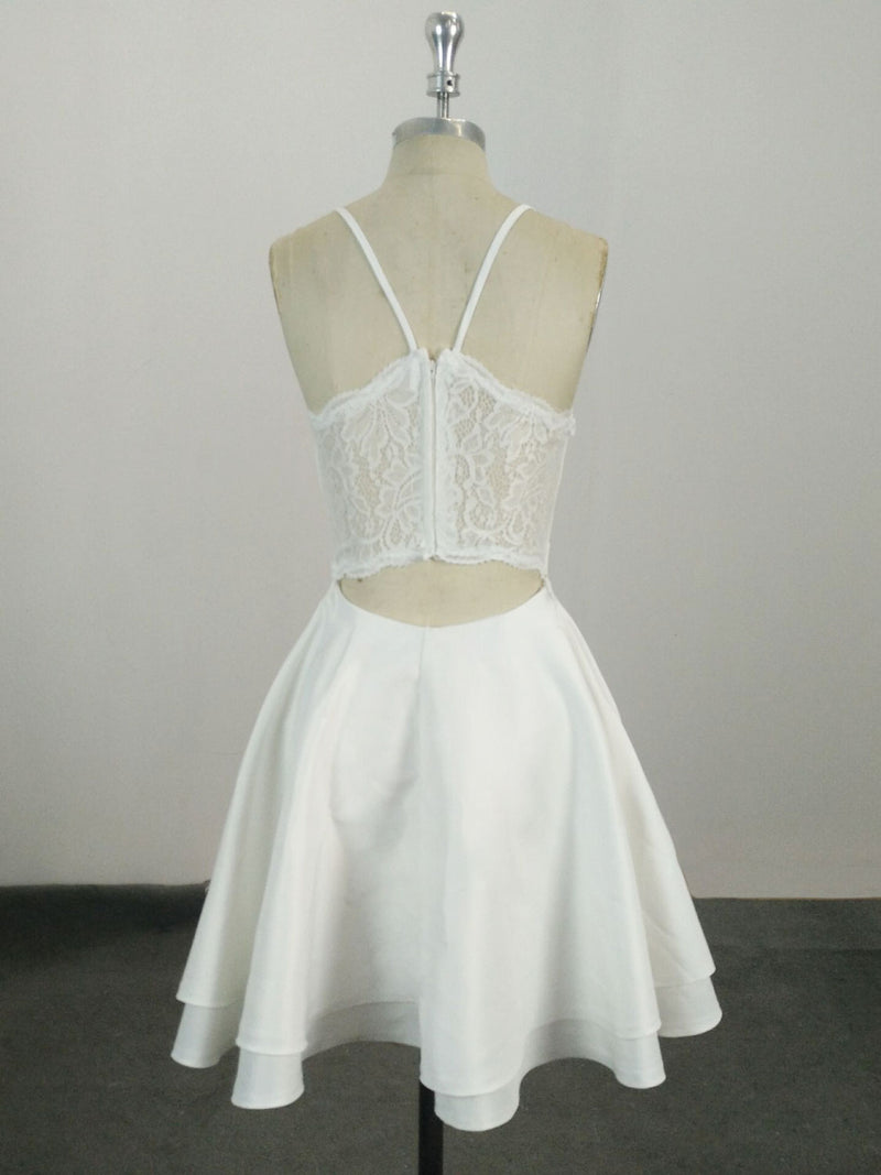 White V Neck Satin Lace Short Prom Dress, White Homecoming Dress