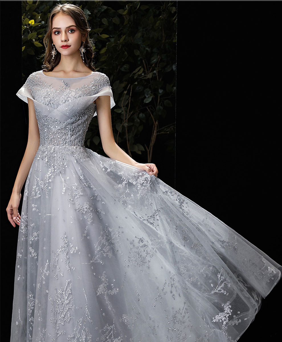 Gray Round Neck Tulle Lace Long Prom Dress Gray Tulle Formal Dress