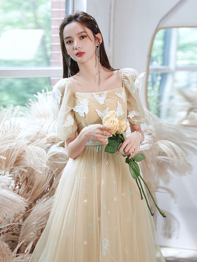 Champagne Tulle Lace Long Prom Dress, Champagne Tulle Formal Dress