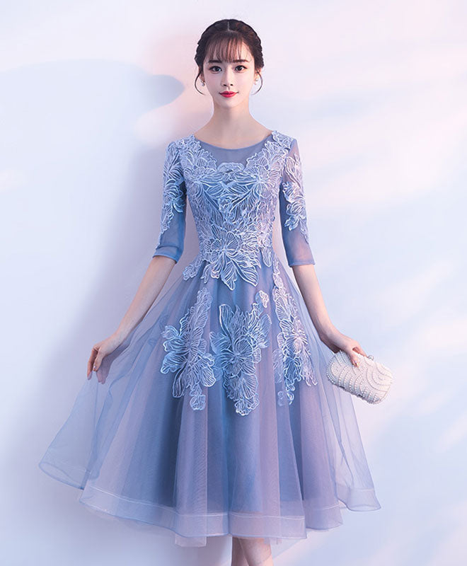 Blue Round Neck Tulle Lace Short Prom Dress, Blue Homecoming Dress