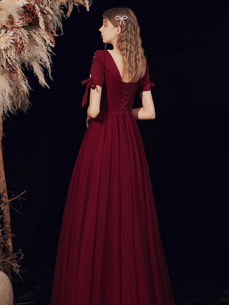 Burgundy A-line V Neck Tulle Long Prom Dress Burgundy Evening Dress – shopluu