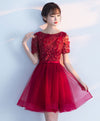 Burgundy Round Neck Tulle Lace Short Prom Dress, Burgundy Homecoming Dress
