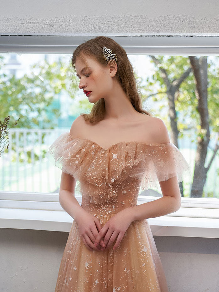 Simple Tulle Off Shoulder Lace Long Prom Dress Lace Formal Dress
