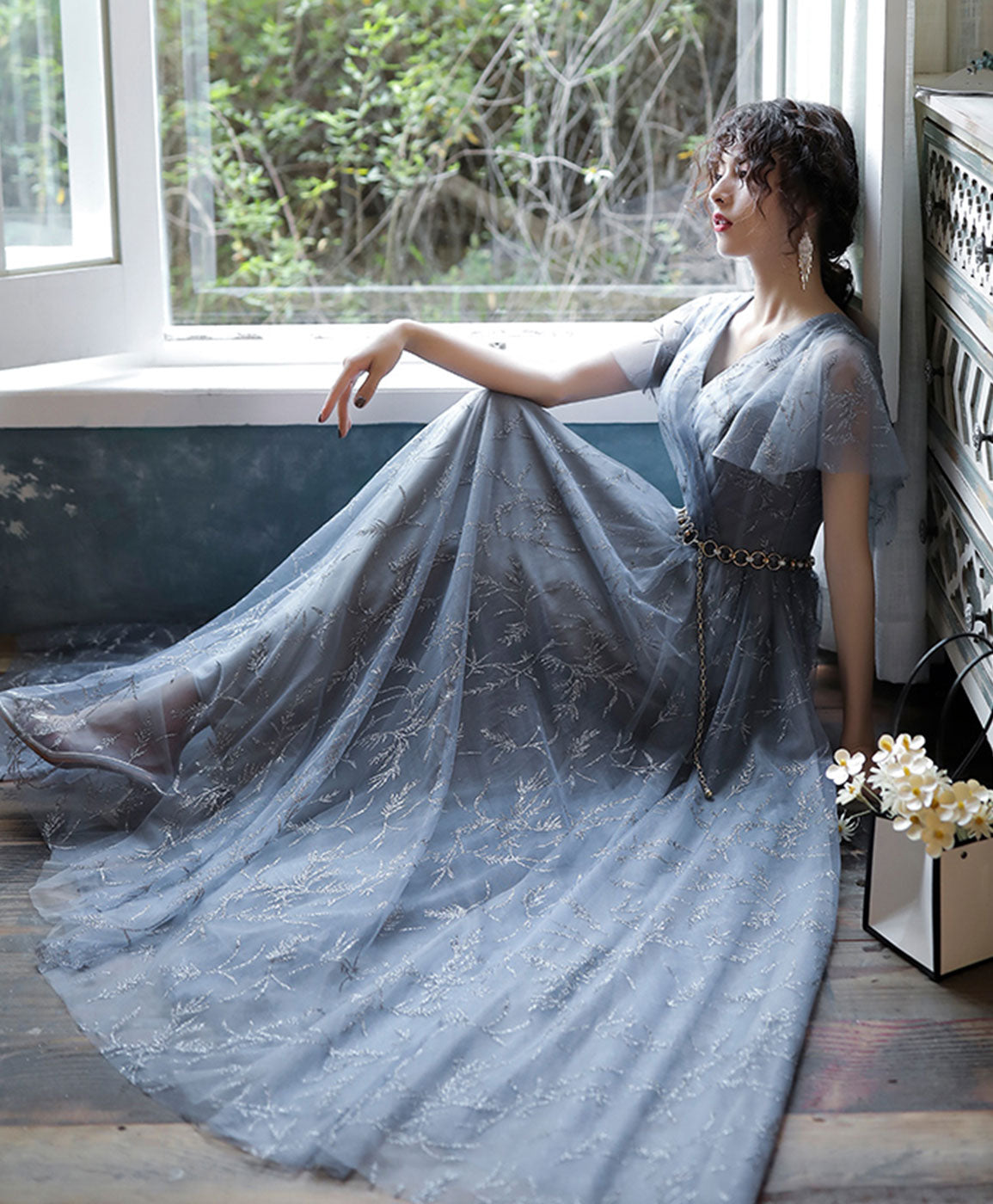 Gray Blue V Neck A-Line Tulle Long Prom Dress Gray Blue Tulle Formal Dress
