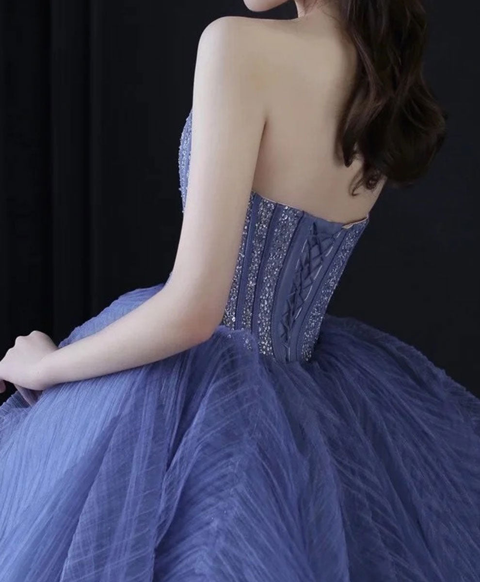 Blue Sweetheart Neck Tulle Beads Sequin Long Prom Dress,Blue Graduation Dress