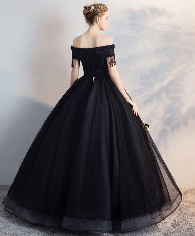 Black Off Shoulder Lace Tulle Long Prom Dress, Black Evening Dress