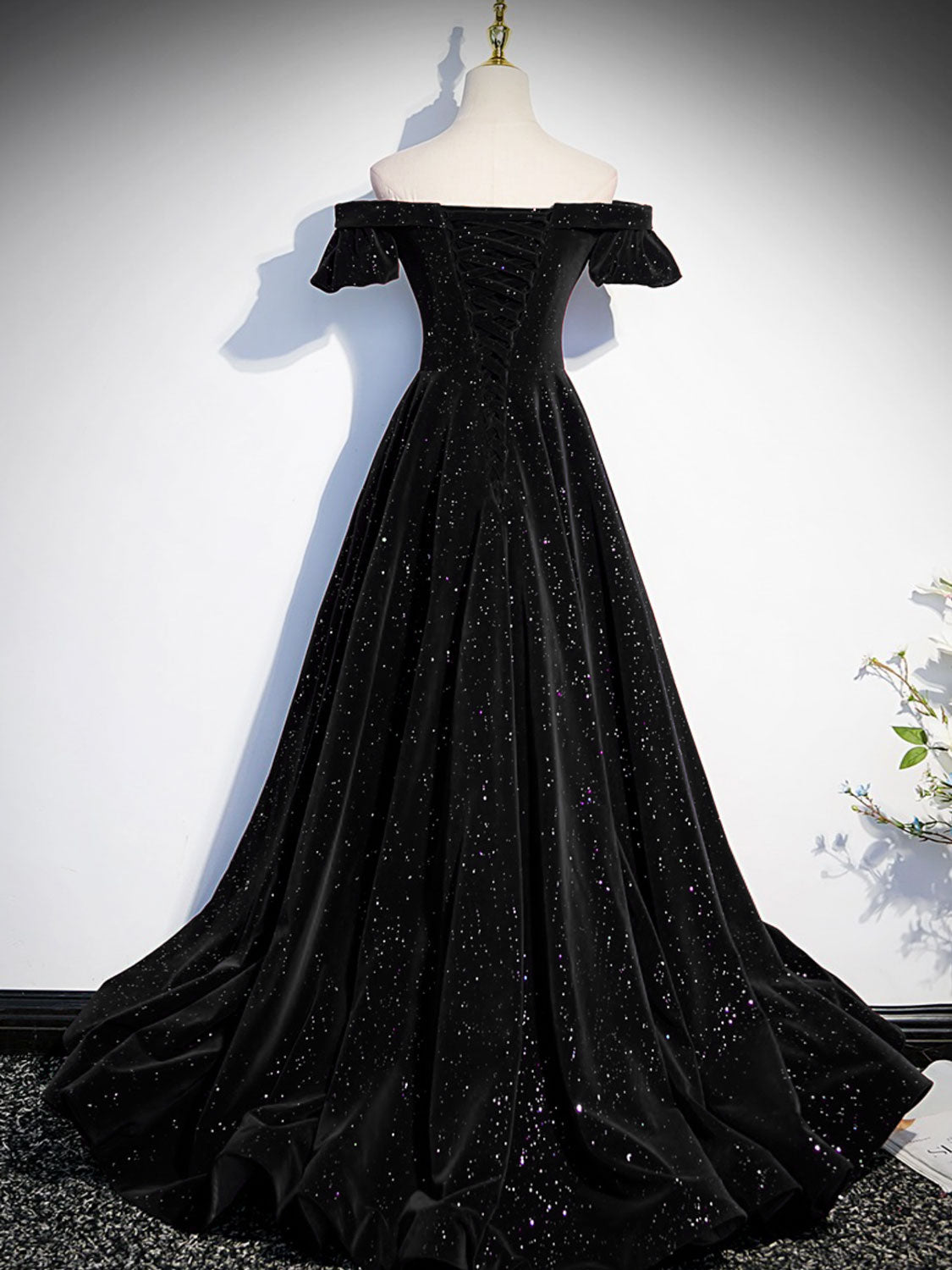 A-Line Off Shoulder Velvet Black Long Prom Dresses, Black Formal Eveni – shopluu