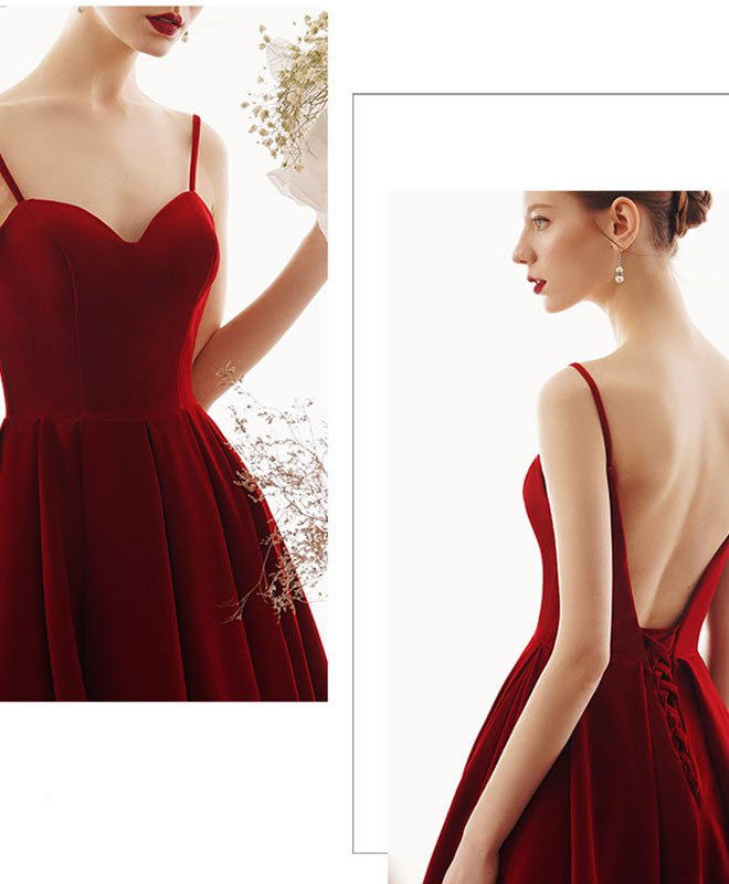Simple sweetheart satin burgundy prom dress, burgundy evening dress