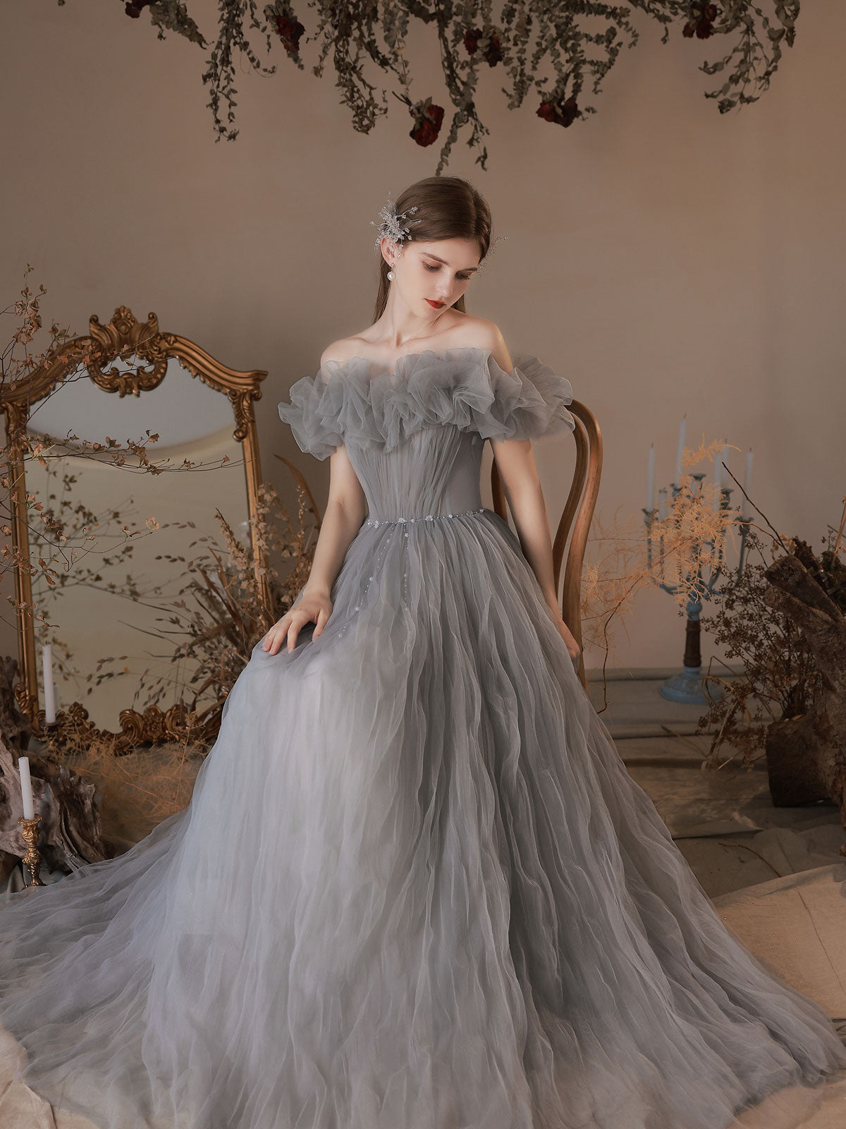 Gray Tulle Off Shoulder Long Prom Dress, Gray Tulle Formal Dress