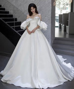 White Off Shoulder Satin Long Wedding Dress White Bridal Gown