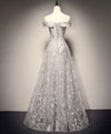 Gray White Tulle Lace Long Prom Dress Tulle Lace Formal Dress