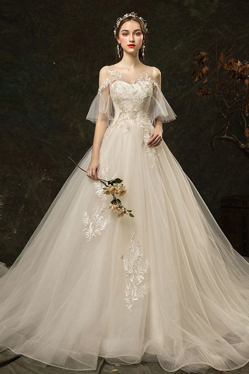 White Round Neck Tulle Lace Long Wedding Dress, Bridal Dress