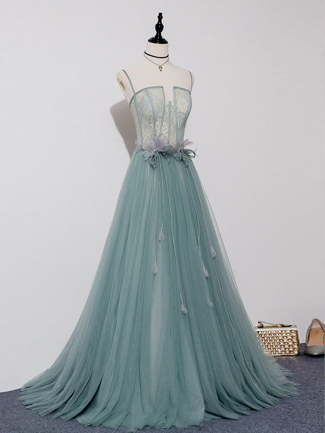 Green A-line Tulle Lace Long Prom Dress Green Tulle Formal Dress