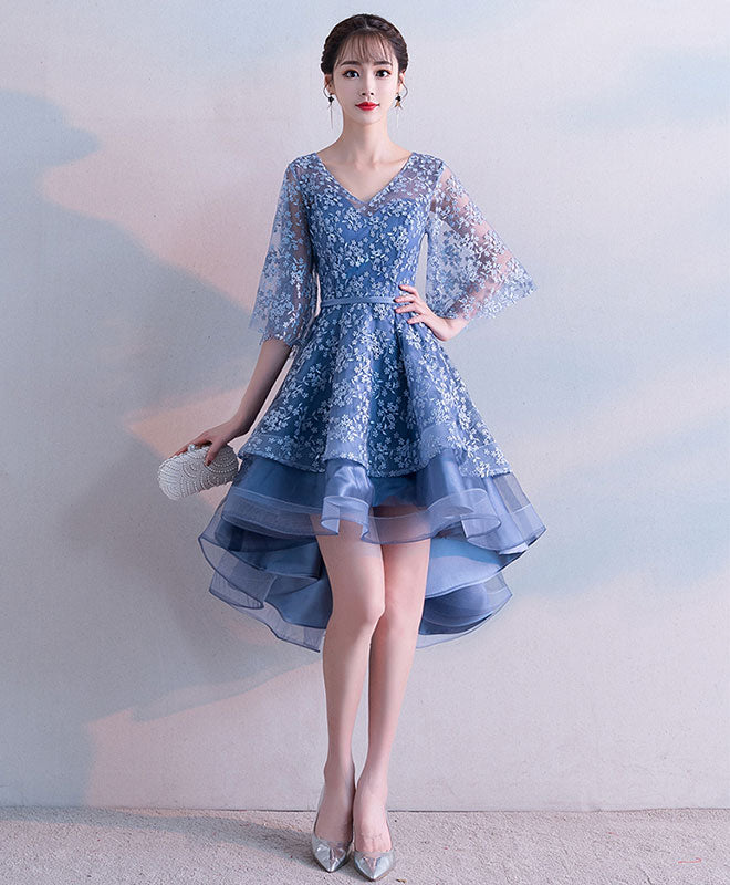 Blue V Neck Lace Short Prom Dress, Blue Lace Homecoming Dress