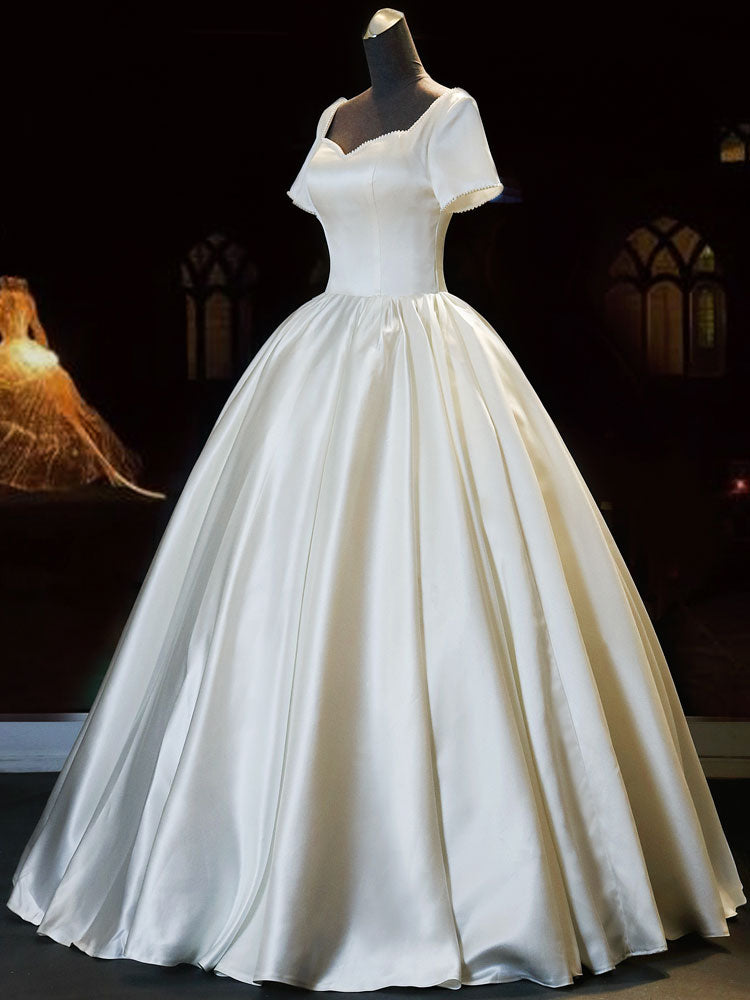 White Sweetheart Satin Long Bridal Dress White Wedding Dress