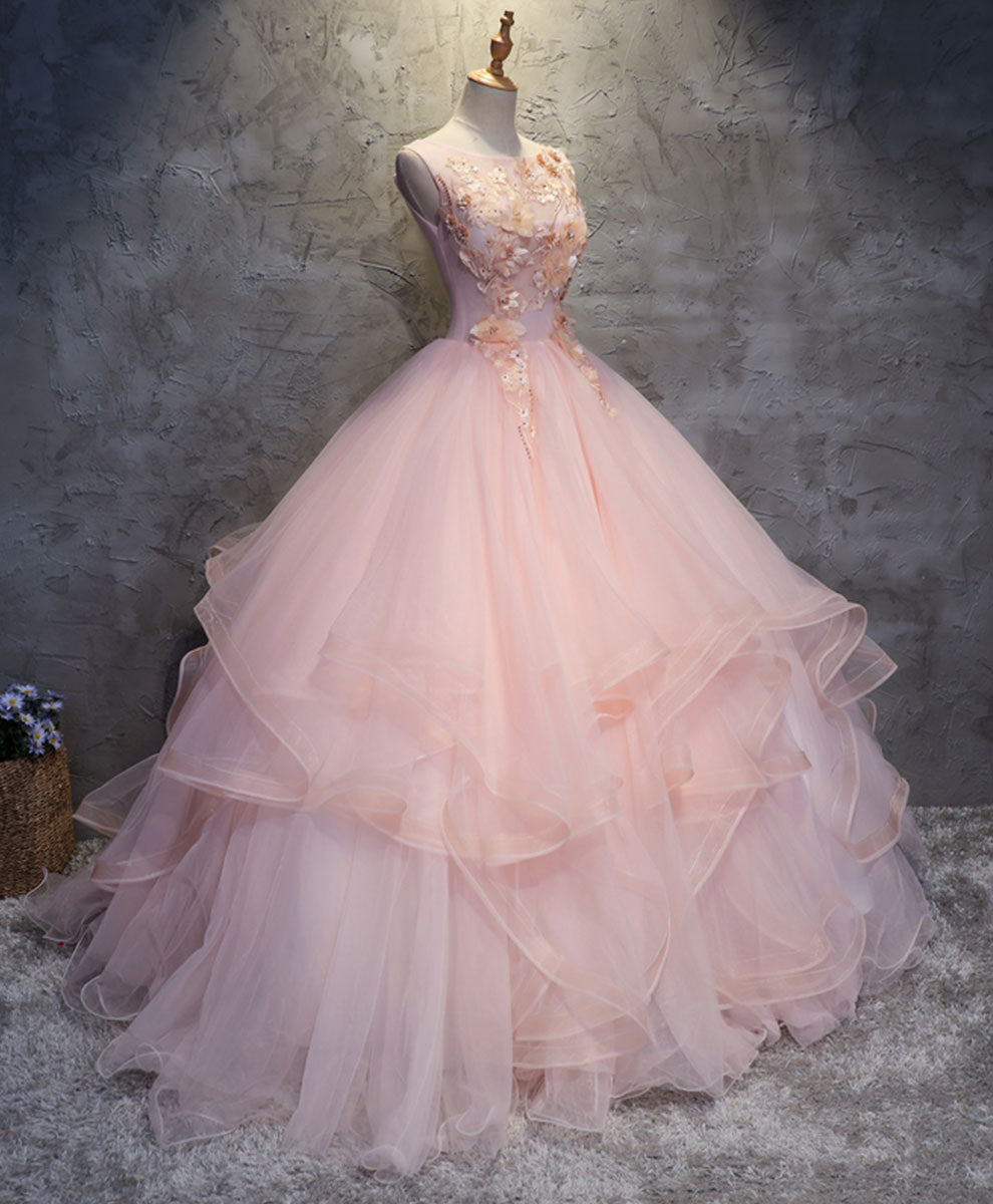 Pink Round Neck Tulle Lace Long Prom Dress Lace Formal Dress