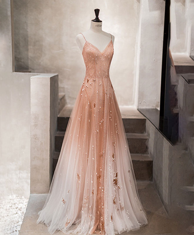 A-Line Pink Tulle Long Prom Dress, Tulle Pink Evening Dress