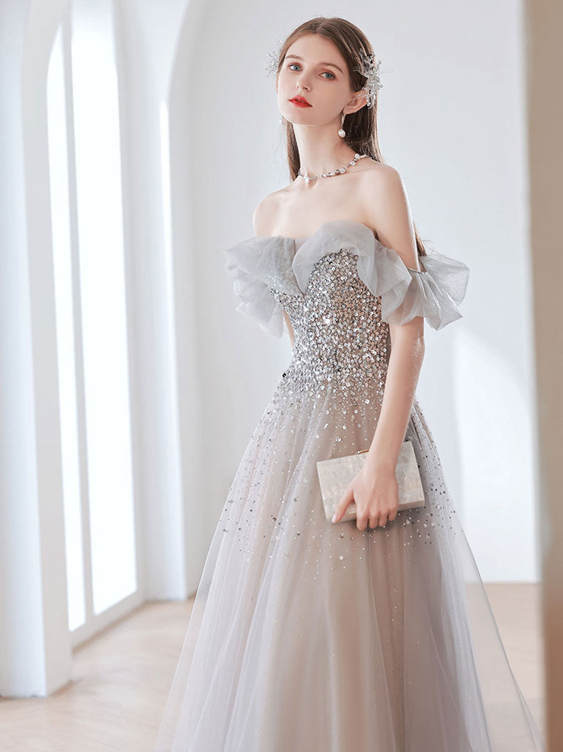 Elegant Gray Tulle Sequin Long Prom Dress, Gray Tulle Evening Dresses