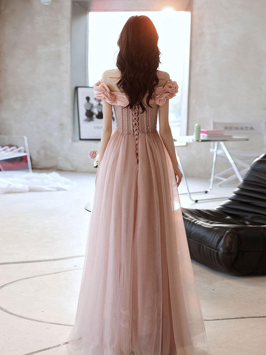Pink Sweetheart Neck Tulle Beads Long Prom Dress, Pink Evening Dress