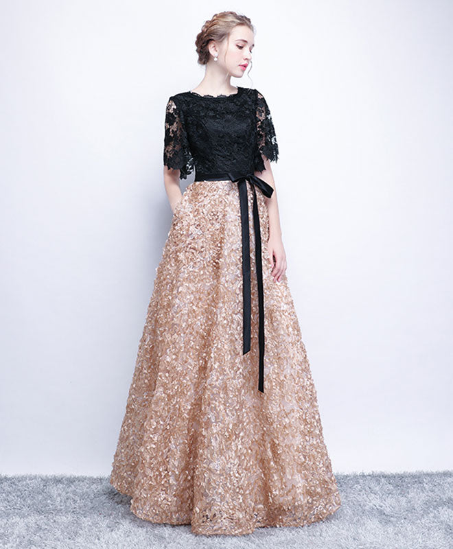 A-Line Black Lace Long Prom Dress, Lace Evening Dress