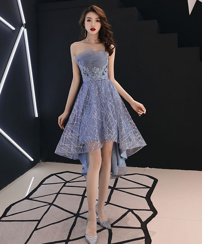 Blue Tulle Lace Short Prom Dress, Blue Evening Dress
