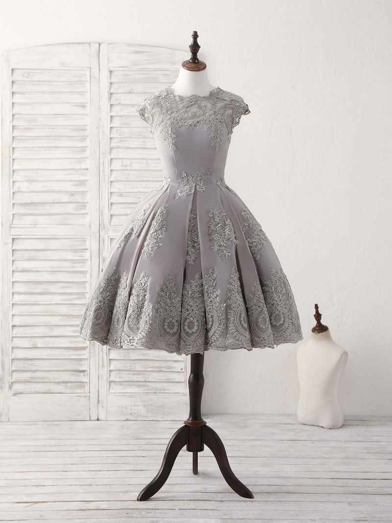 Gray Round Neck Lace Short Prom Dress Gray Bridesmaid Dress