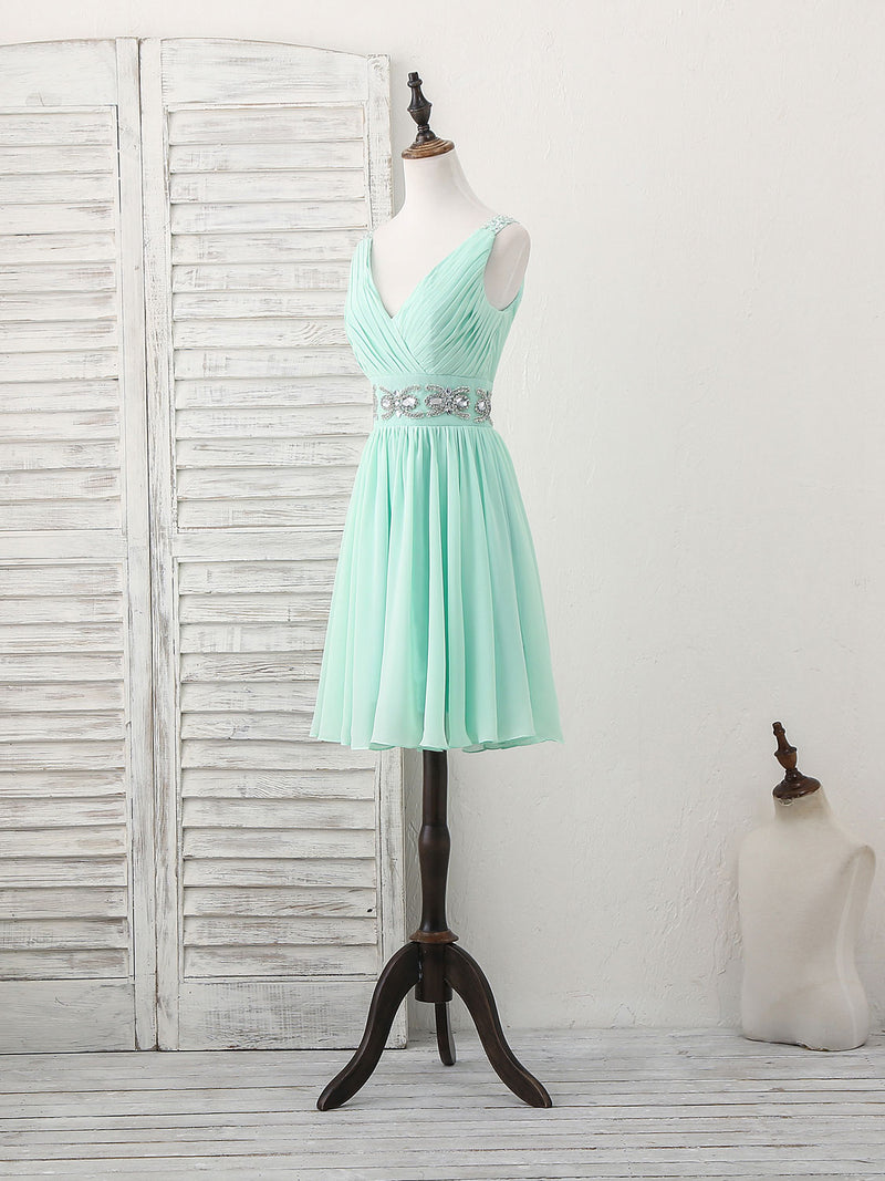 Green V Neck Chiffon Short Prom Dress, Green Homecoming Dress