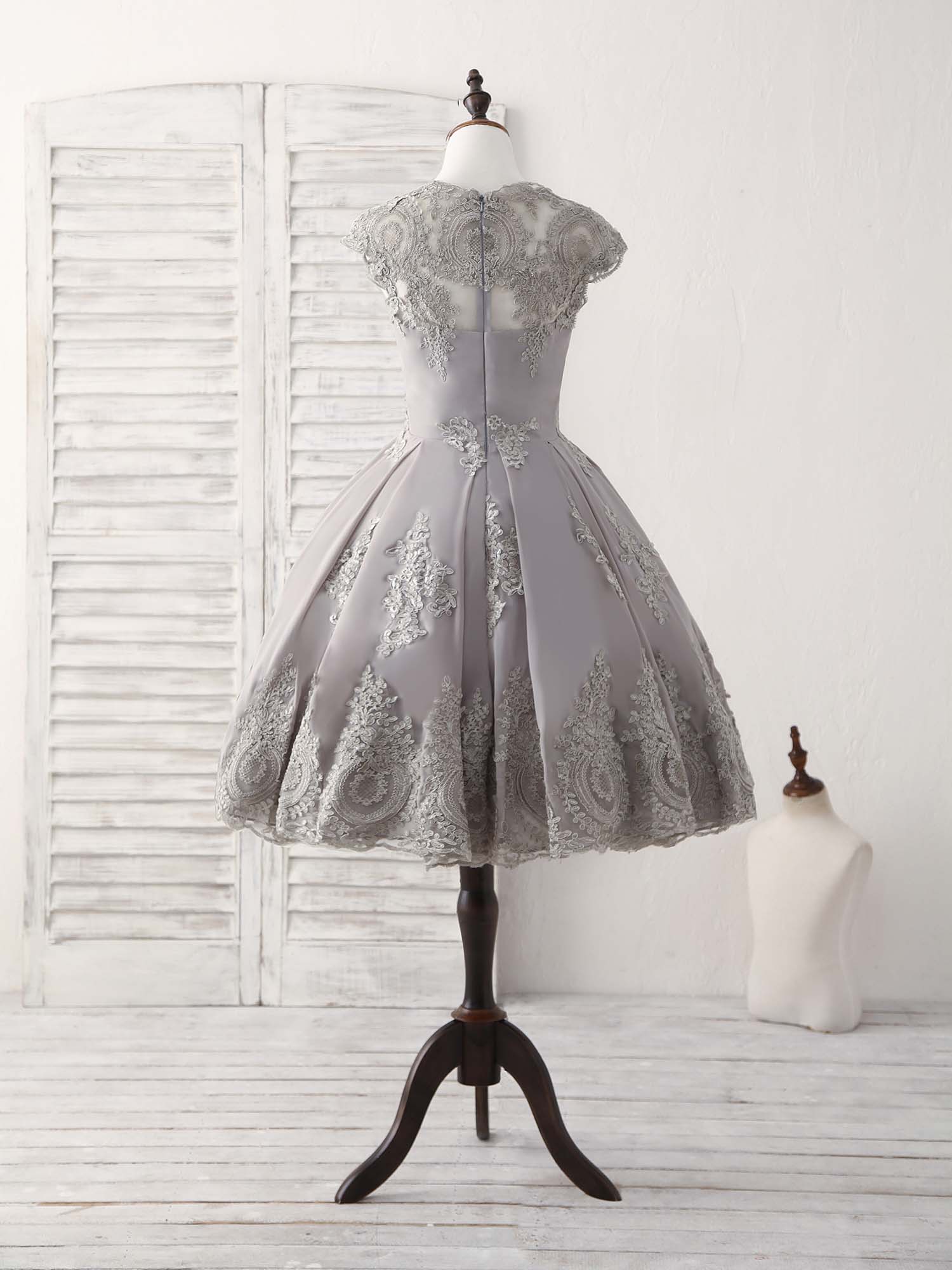 Gray Round Neck Lace Short Prom Dress Gray Bridesmaid Dress US 16 / Custom Color Gray Round Neck Lace Short Prom Dress Gray Bridesmaid Dress US 16 / Custom Color