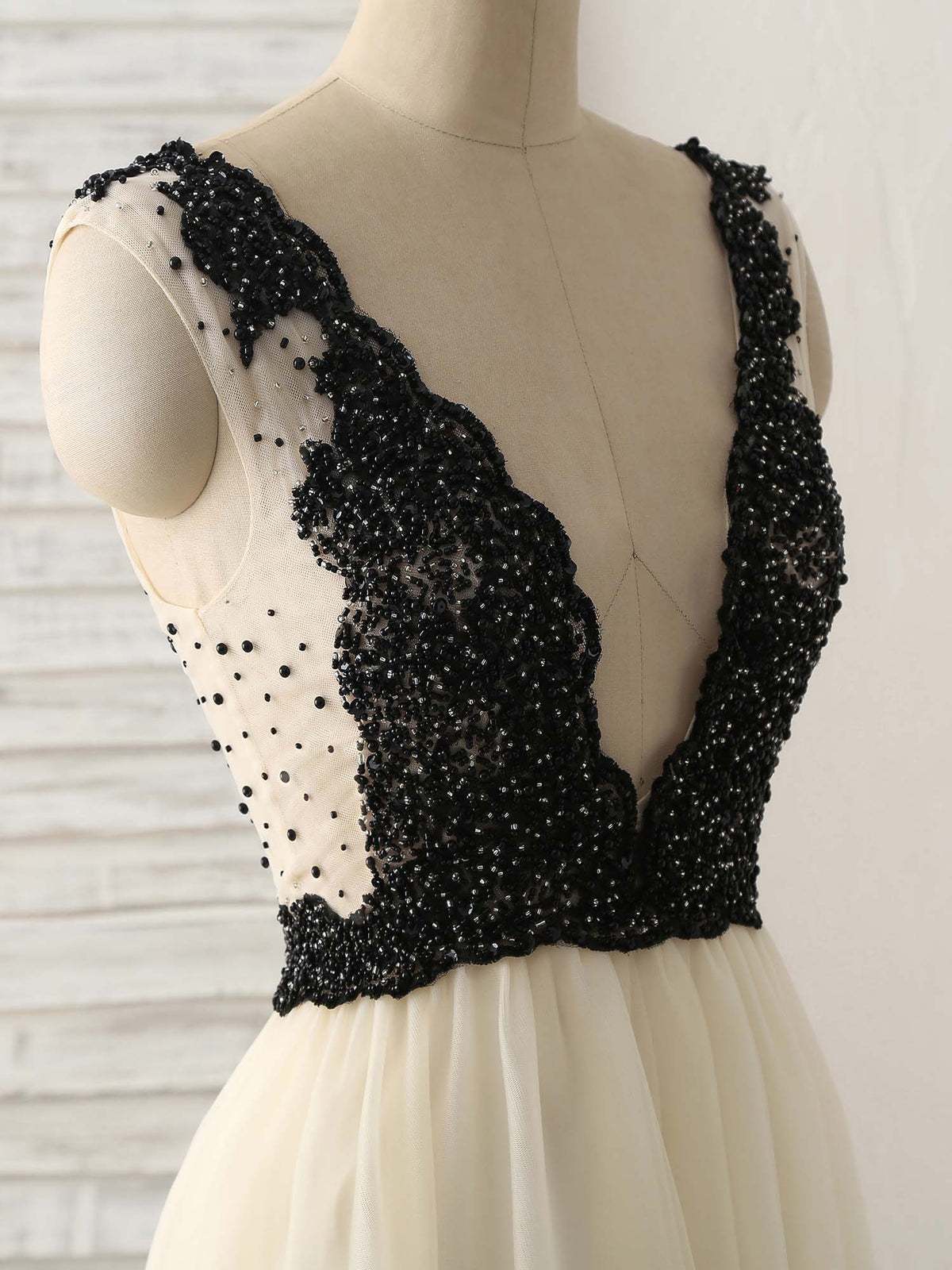 Light Champagne V Neck Beads Tulle Long Prom Dress, Champagne Formal Dress