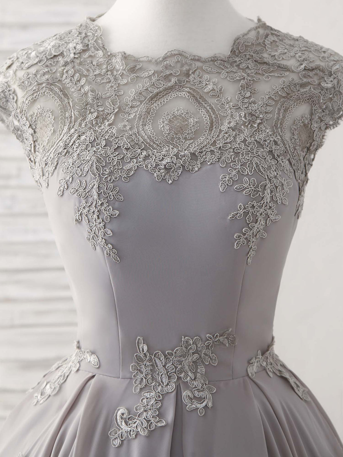 Gray Round Neck Lace Short Prom Dress Gray Bridesmaid Dress