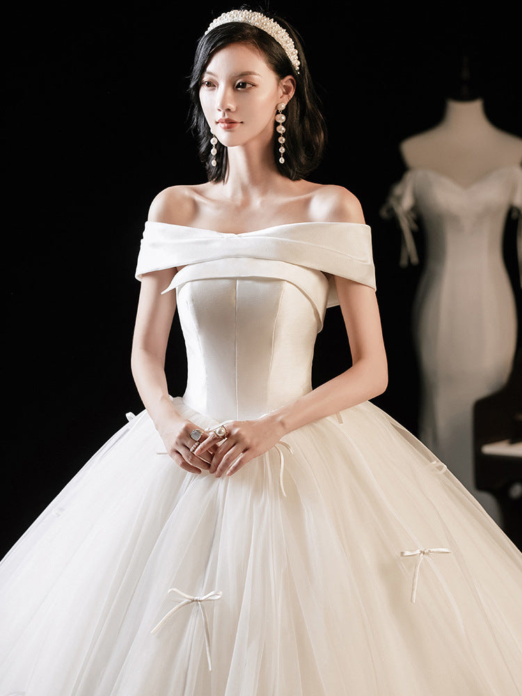 Ivory Off Shoulder Tulle Long Wedding Dress Ivory Bridal Gown