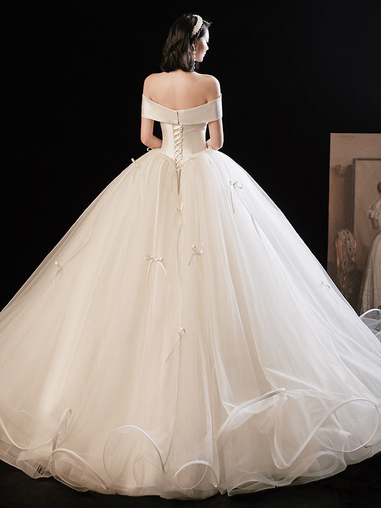 Ivory Off Shoulder Tulle Long Wedding Dress Ivory Bridal Gown
