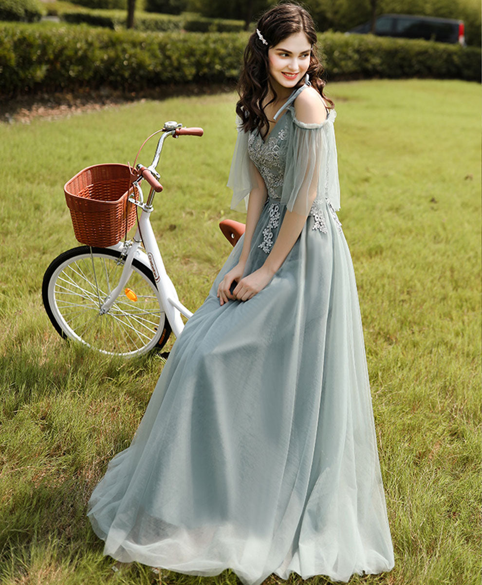 Green Tulle Lace Long Prom Dress, Green Tulle Lace Bridesmaid Dress
