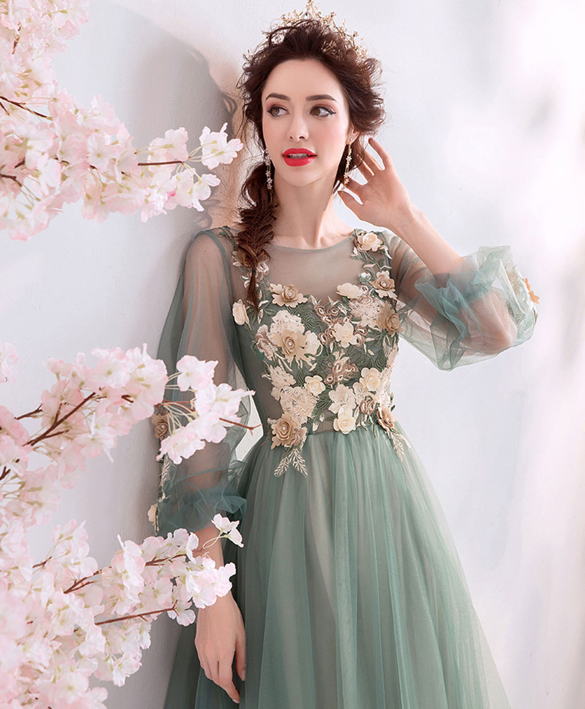 Green Round Neck Tulle Lace Long Prom Dress, Green Bridesmaid Dress