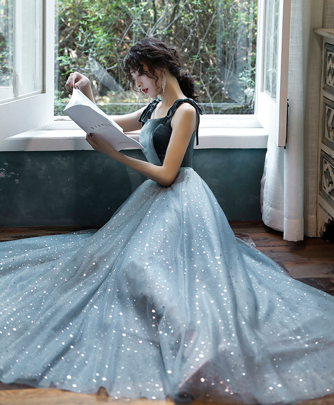 Blue Sweetheart Tulle Lace Long Prom Dress, Blue Tulle Formal Dress with Velvet