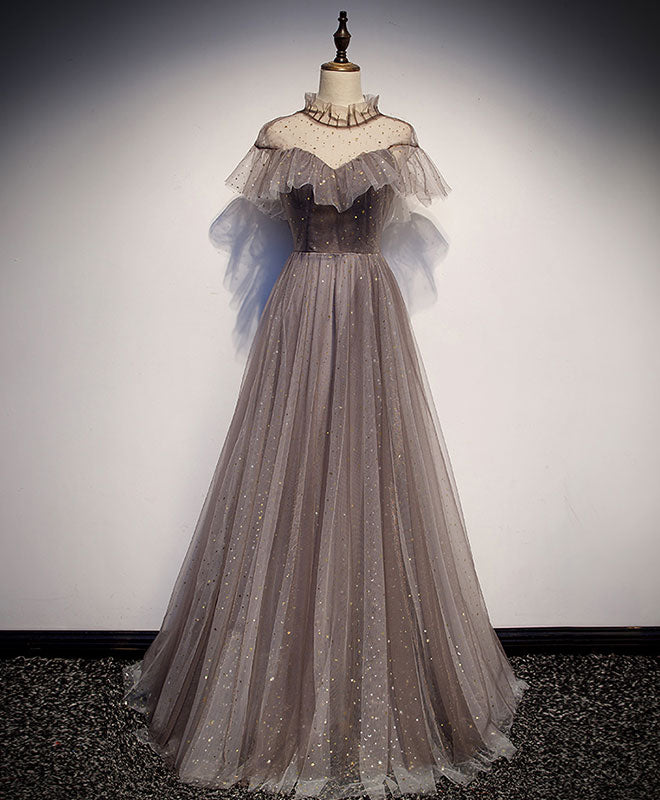 A-Line Tulle Long Prom Dress, Tulle Gray Evening Dress