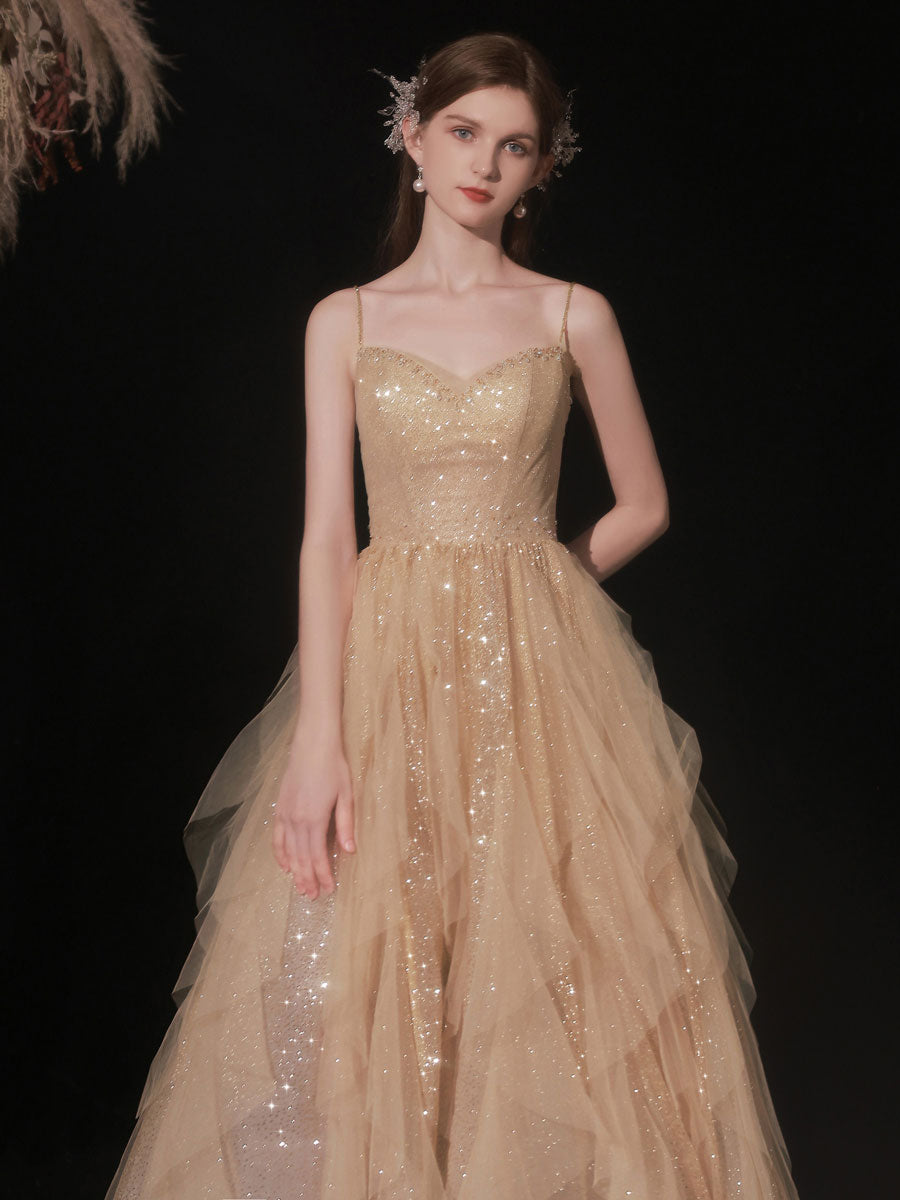 Champagne Tulle Sequin Long Prom Dress, Champagne Tulle Formal Dress