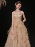 Champagne Tulle Sequin Long Prom Dress, Champagne Tulle Formal Dress