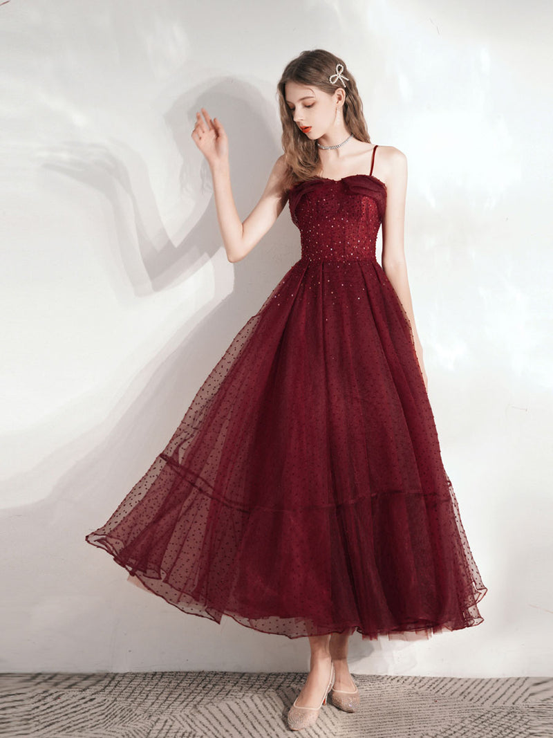 Aline Tea Length Burgundy Prom Dress, Burgundy Homecoming Dress