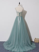 Green A-line Tulle Lace Long Prom Dress Green Tulle Formal Dress