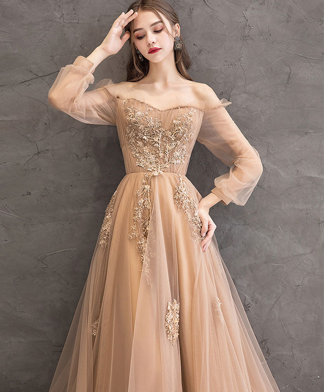 Champagne Tulle Lace Long Prom Dress Champagne Tulle Evening Dress Custom Size / Champagne