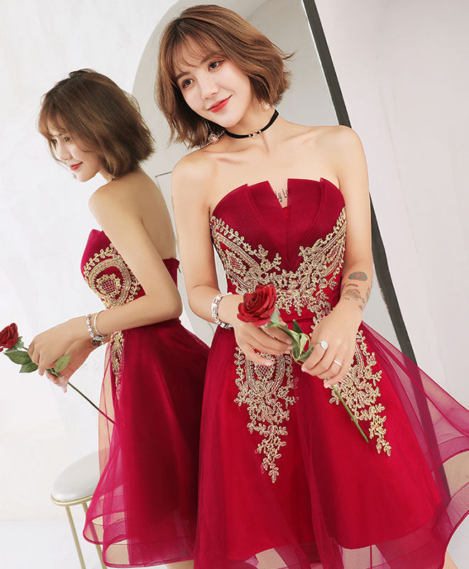 Burgundy Tulle Lace Short Prom Dress, Burgundy Homecoming Dress