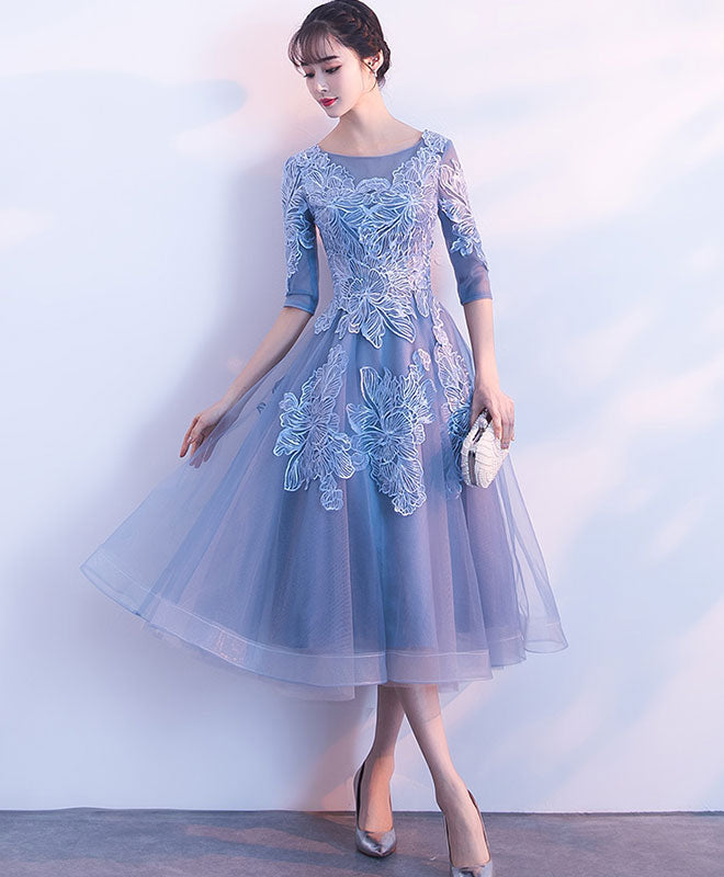 Blue Round Neck Tulle Lace Short Prom Dress, Blue Homecoming Dress