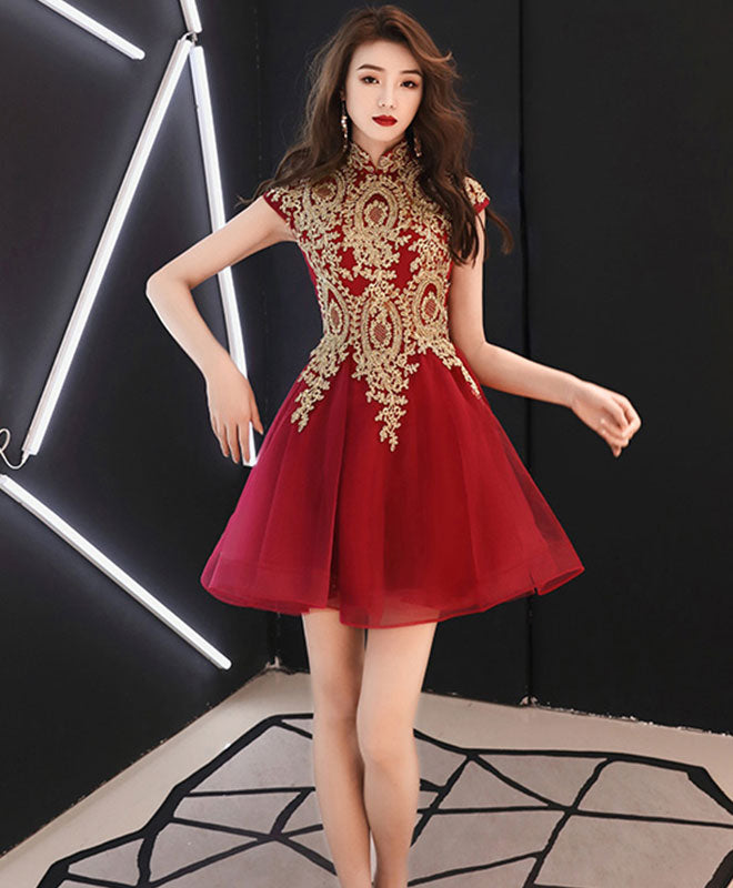 Burgundy Lace Tulle Short Prom Dress, Burgundy Homecoming Dress