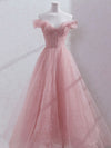 Pink Off Shoulder Tulle Tea Length Prom Dress, Tulle Formal Dress