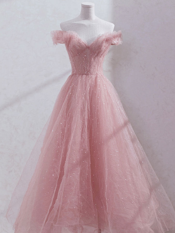 Pink Off Shoulder Tulle Tea Length Prom Dress, Tulle Formal Dress US 14 / Pink