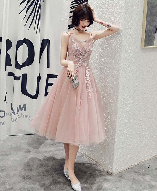 Simple Pink V Neck Tulle Short Prom Dress, Pink Homecoming Dress – shopluu