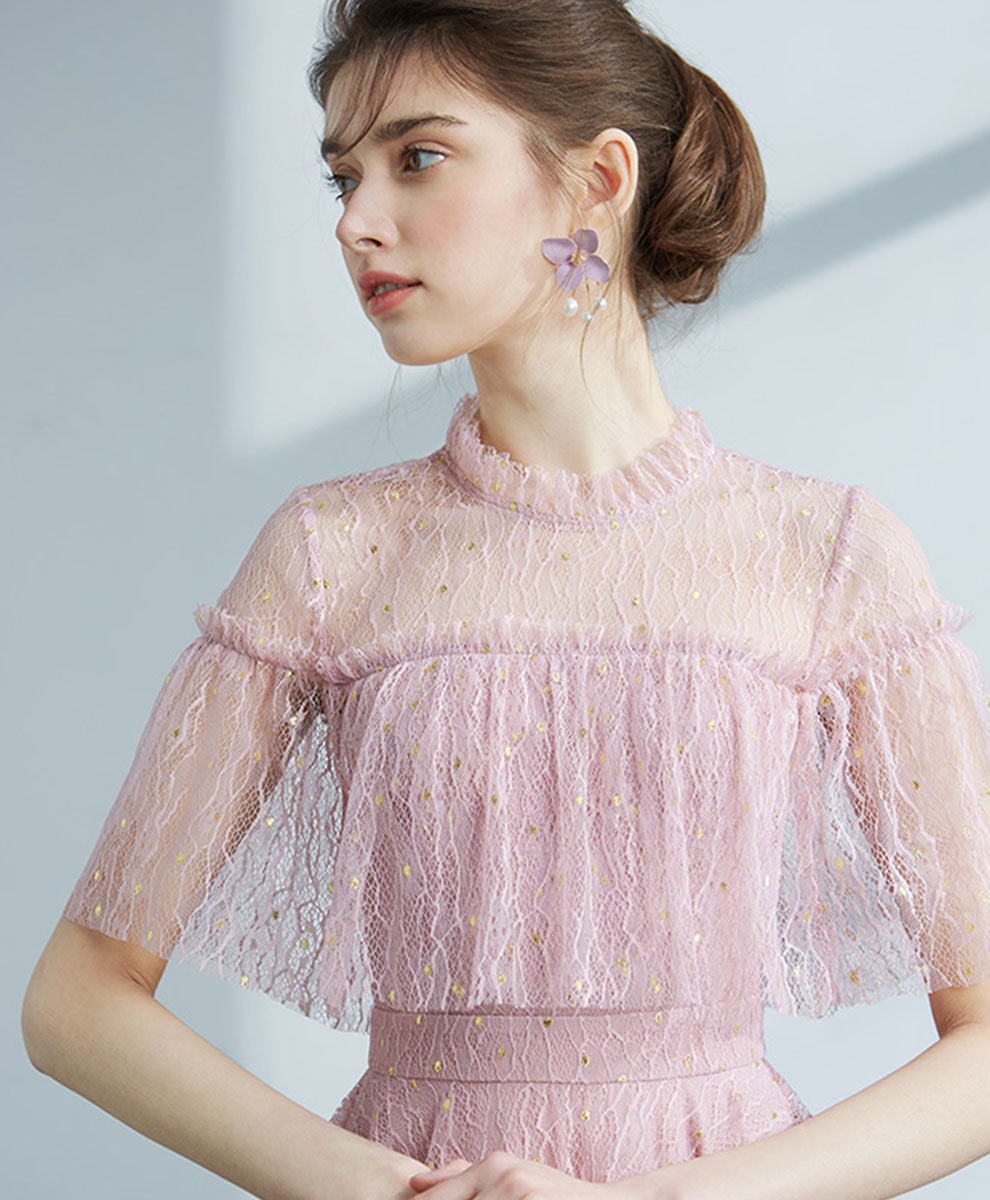 Pink Tulle Lace Short Prom Dress, Pink Homecoming Dress