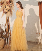 Yellow Sweetheart Tulle Long Prom Dress, A line Yellow Formal Graduation Dress